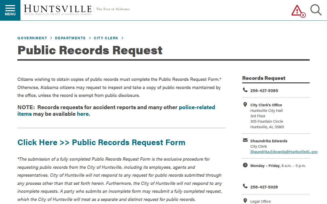 Madison County neighbors Huntsville public records request procedure