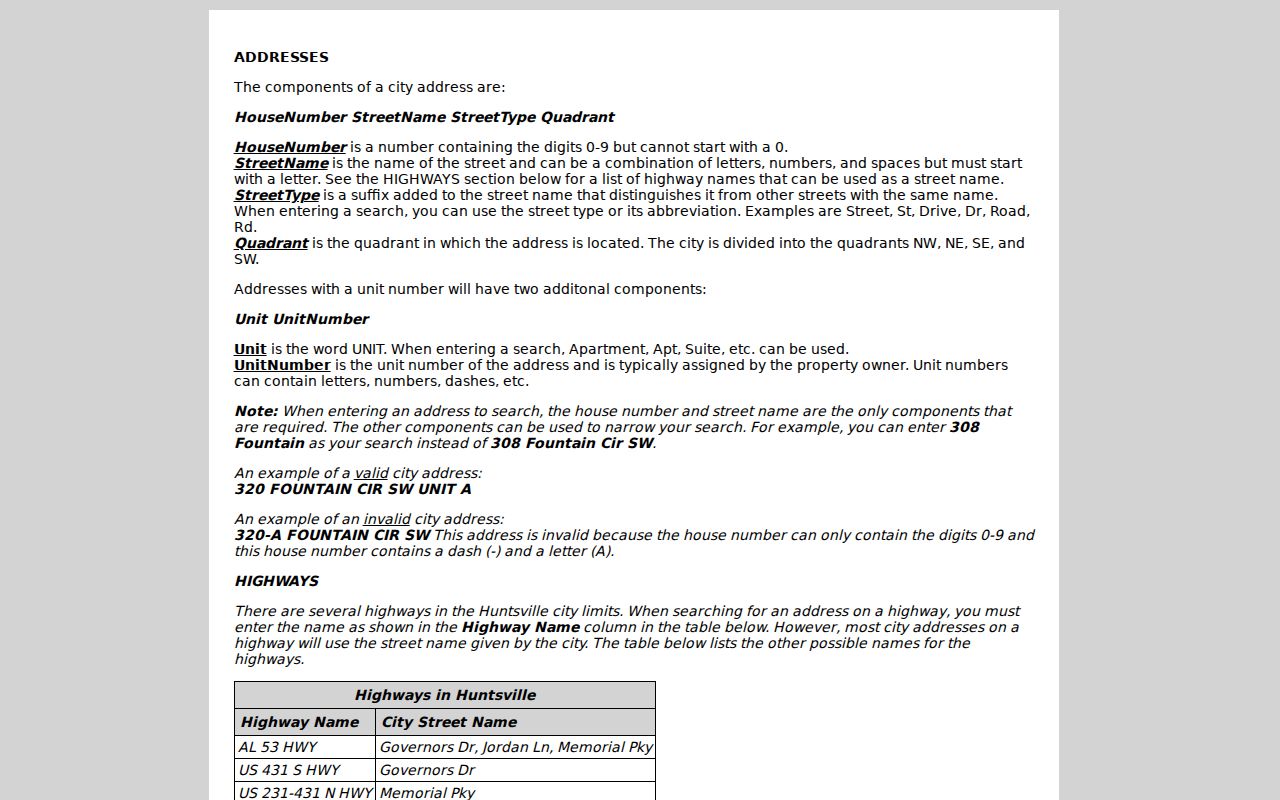 Madison County ZIP code directory Huntsville address syntax